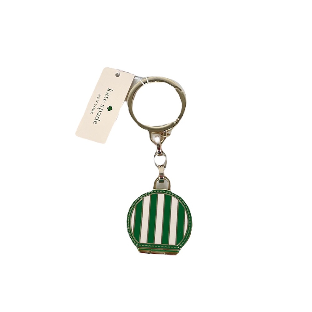 Kate Spade Traveler Stripes Key Chain Key Fob Green Gold - Picture 2 of 5